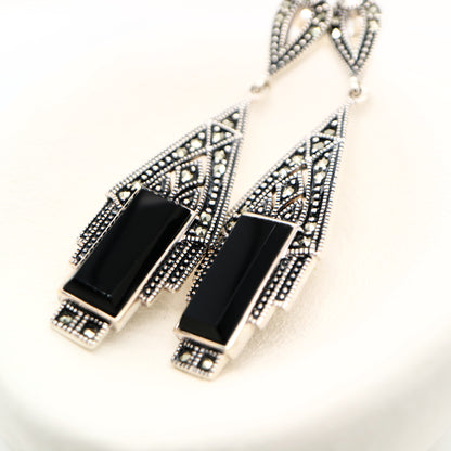 Art deco style drop earrings in black onyx, marcasite and sterling silver