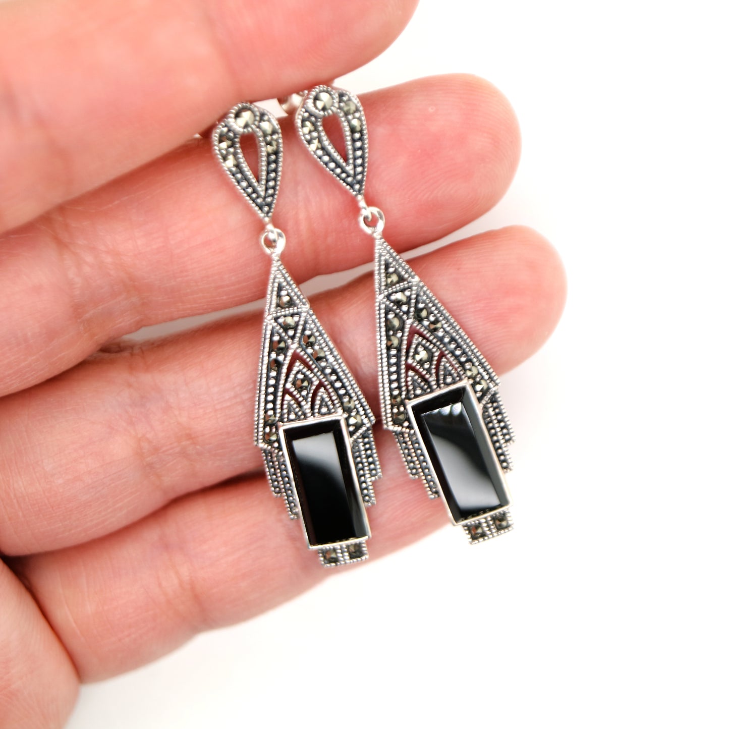 Art deco style drop earrings in black onyx, marcasite and sterling silver