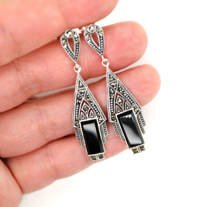 Art deco style drop earrings in black onyx, marcasite and sterling silver