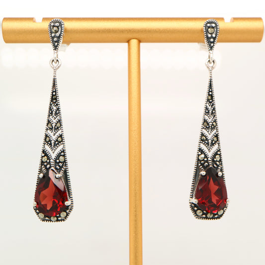 Art deco garnet drop earrings with marcasite in sterling silver