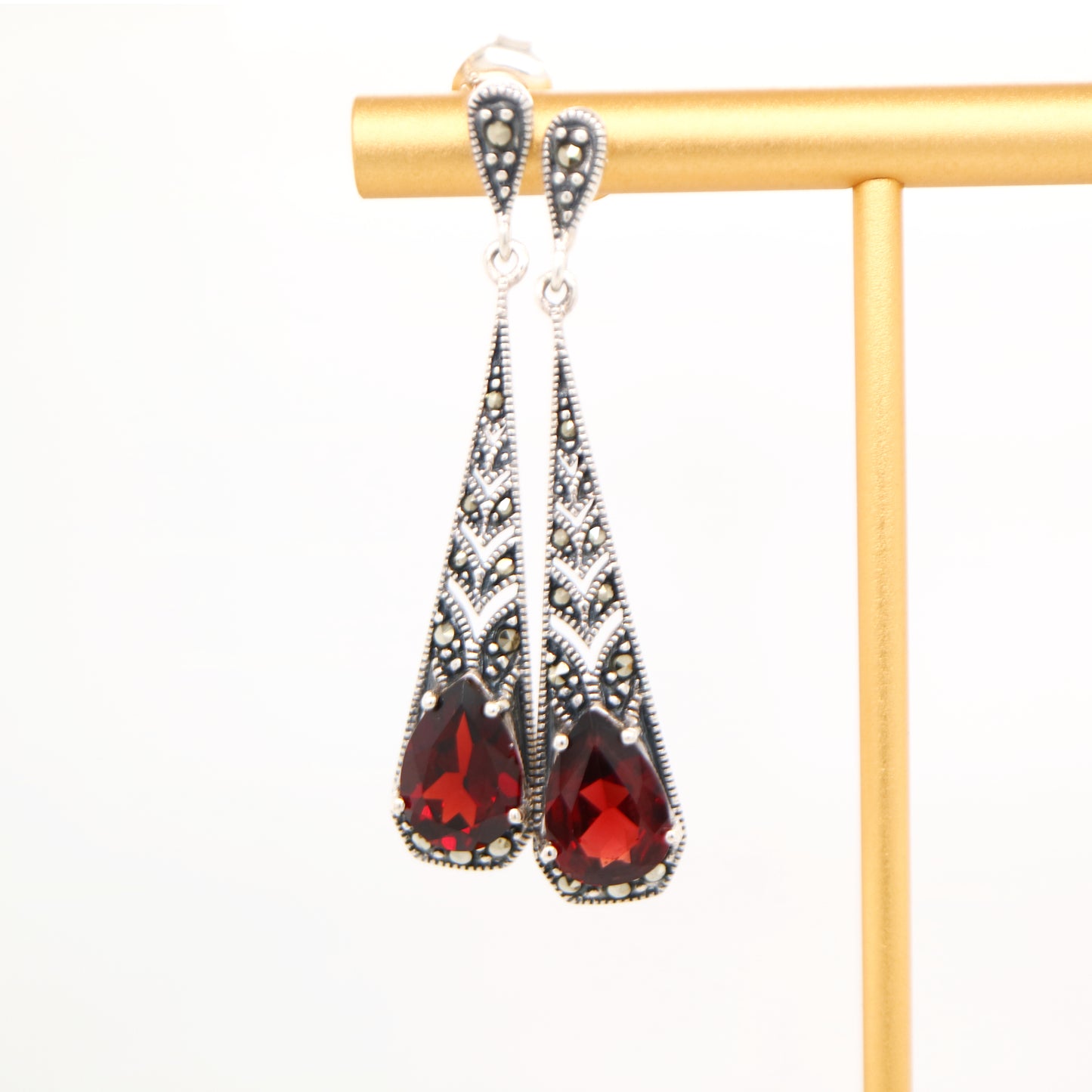 Art deco garnet drop earrings with marcasite in sterling silver
