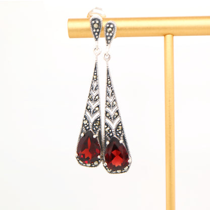 Art deco garnet drop earrings with marcasite in sterling silver