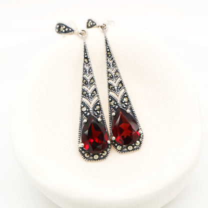 Art deco garnet drop earrings with marcasite in sterling silver