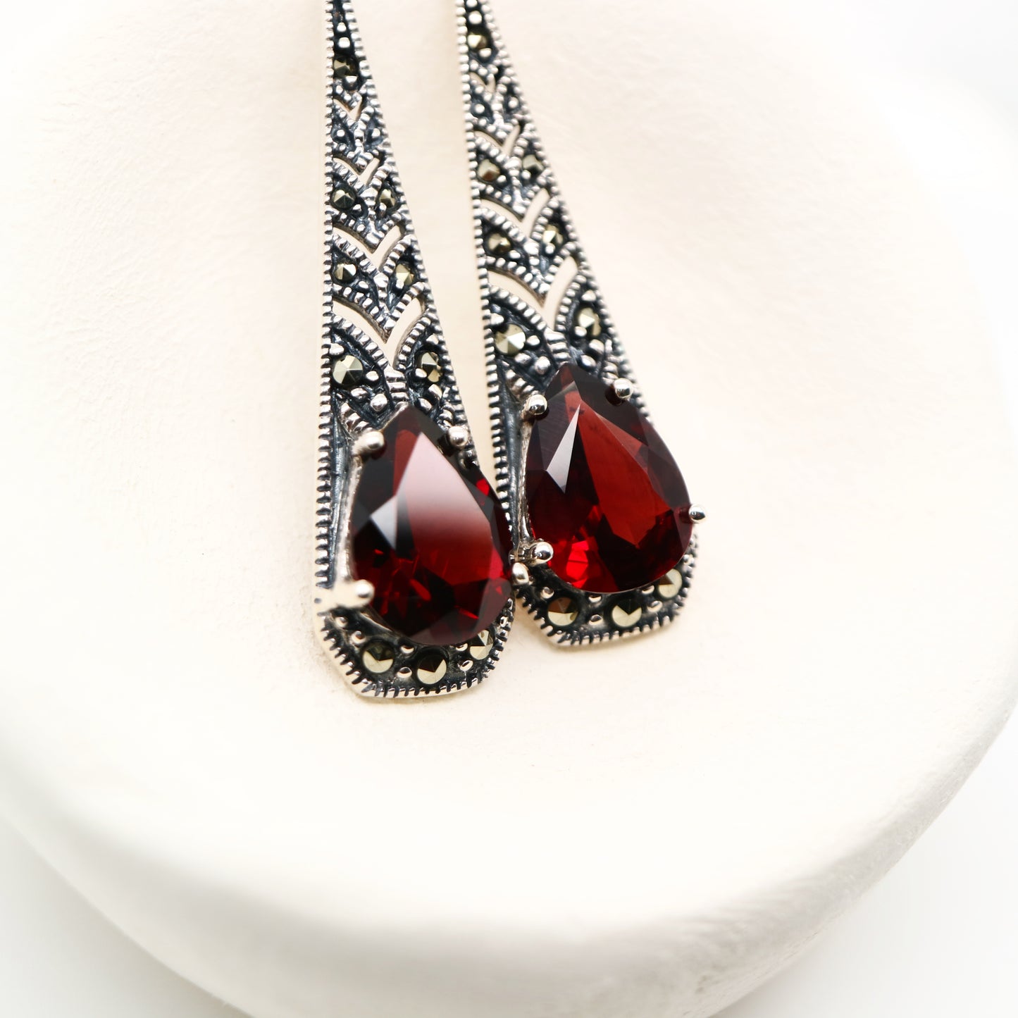 Art deco garnet drop earrings with marcasite in sterling silver