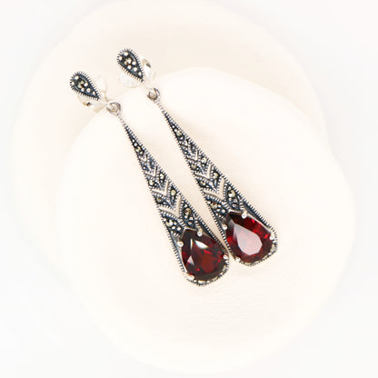 Art deco garnet drop earrings with marcasite in sterling silver