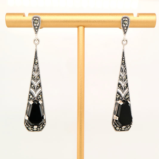 Art deco onyx drop earrings with marcasite in silver
