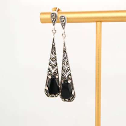 Art deco onyx drop earrings with marcasite in silver