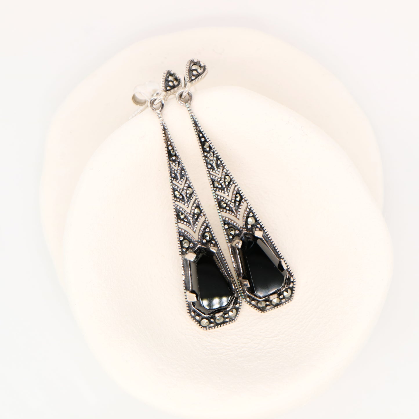 Art deco onyx drop earrings with marcasite in silver