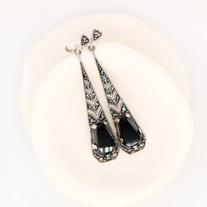 Art deco onyx drop earrings with marcasite in silver