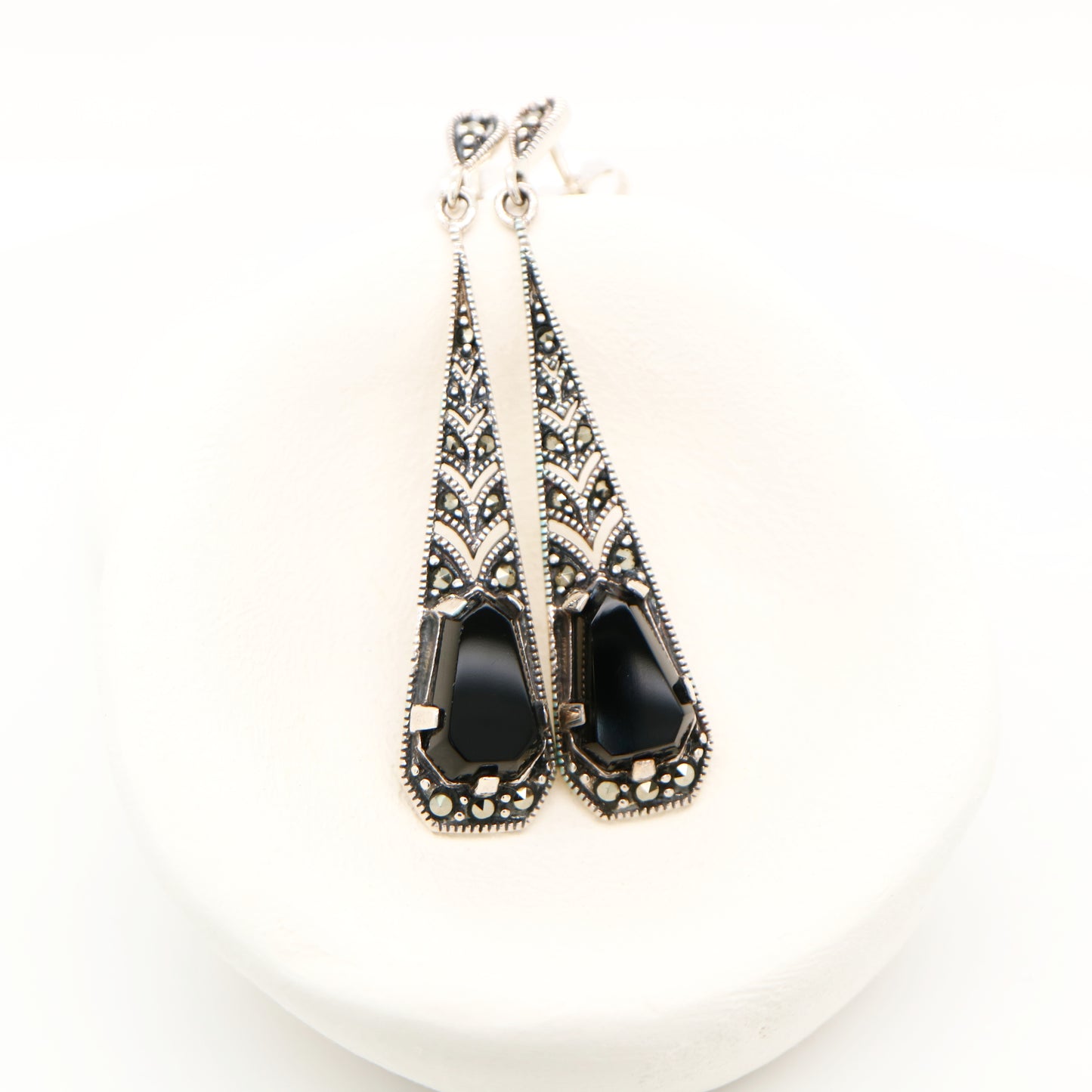 Art deco onyx drop earrings with marcasite in silver