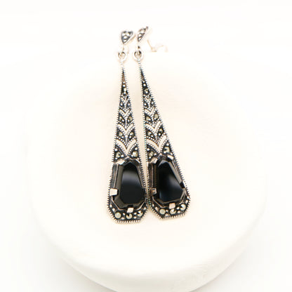 Art deco onyx drop earrings with marcasite in silver