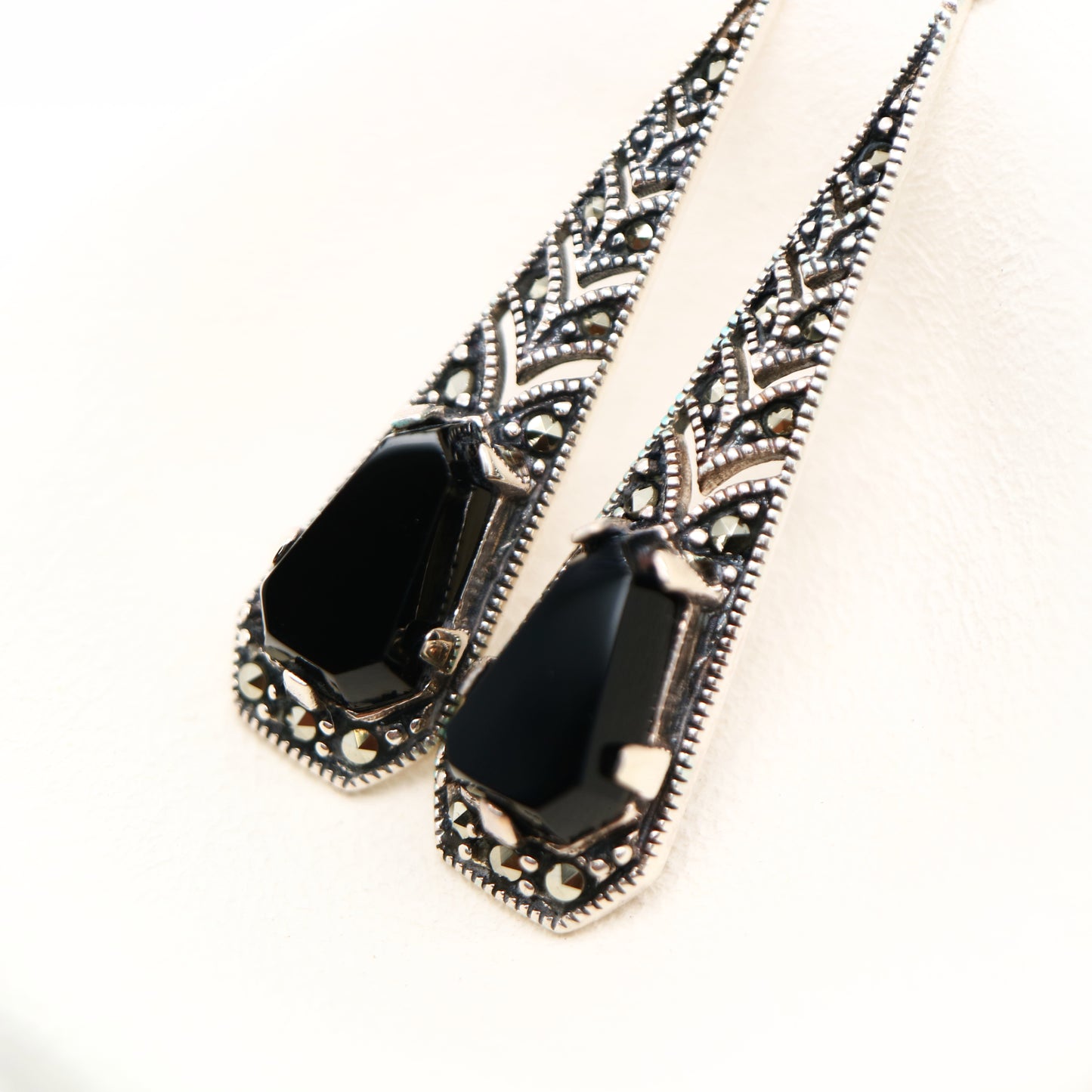 Art deco onyx drop earrings with marcasite in silver