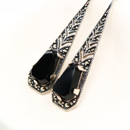 Art deco onyx drop earrings with marcasite in silver