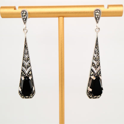Art deco onyx drop earrings with marcasite in silver