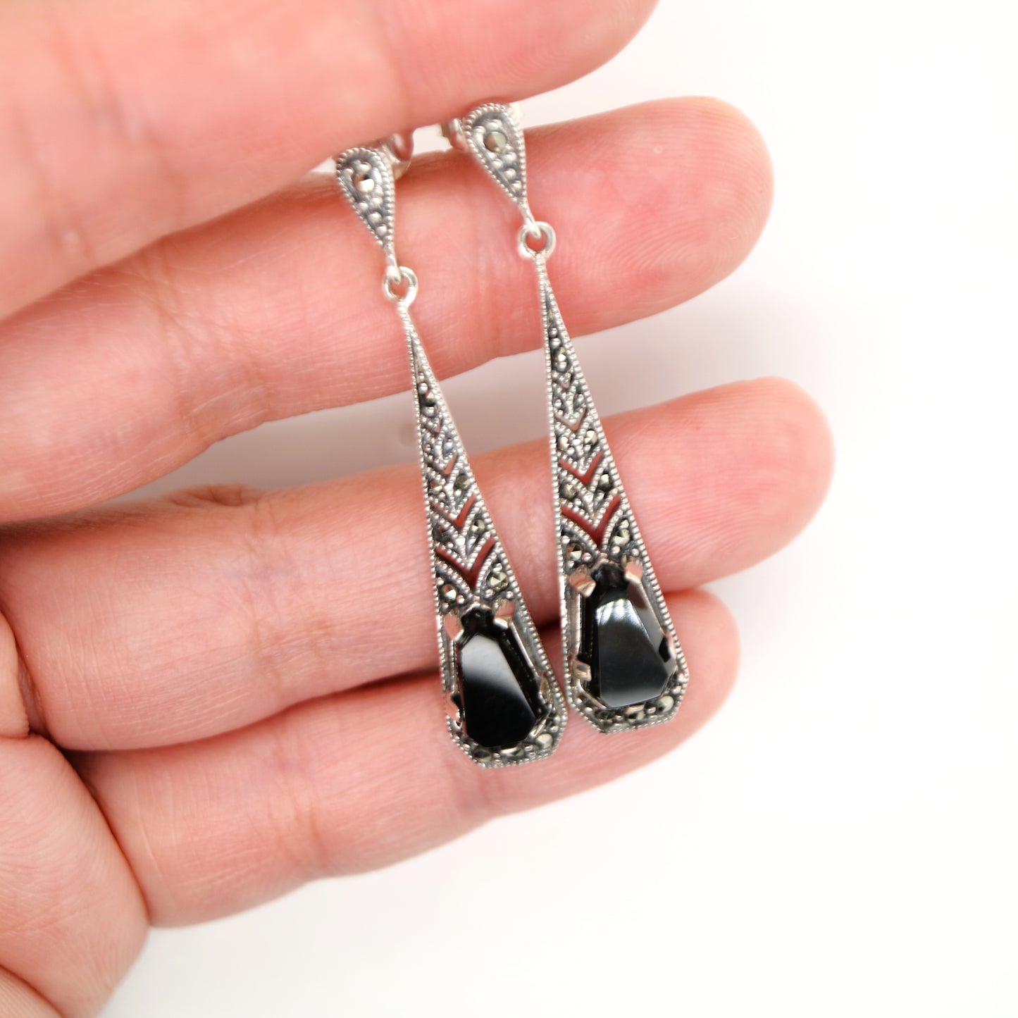 Art deco onyx drop earrings with marcasite in silver