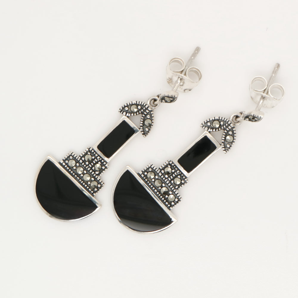 Art deco drop earrings with black onyx and marcasite in sterling silver