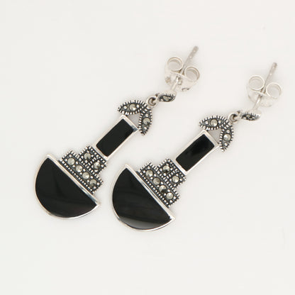 Art deco drop earrings with black onyx and marcasite in sterling silver