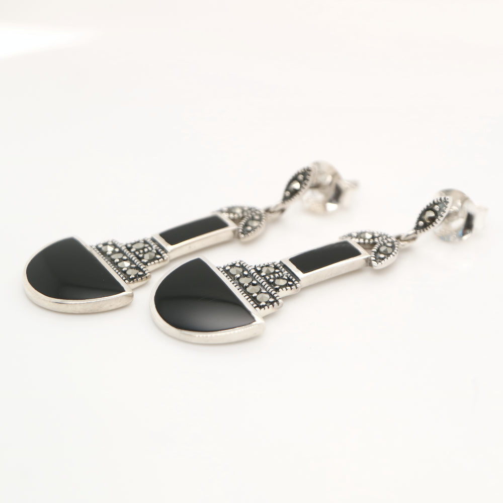 Art deco drop earrings with black onyx and marcasite in sterling silver