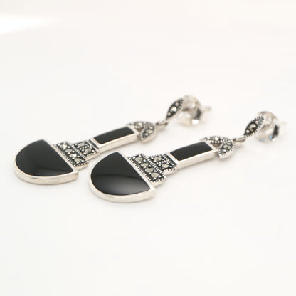 Art deco drop earrings with black onyx and marcasite in sterling silver
