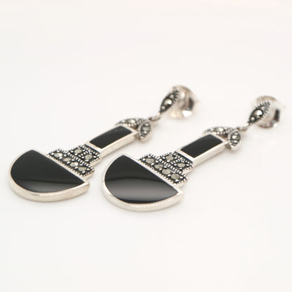 Art deco drop earrings with black onyx and marcasite in sterling silver