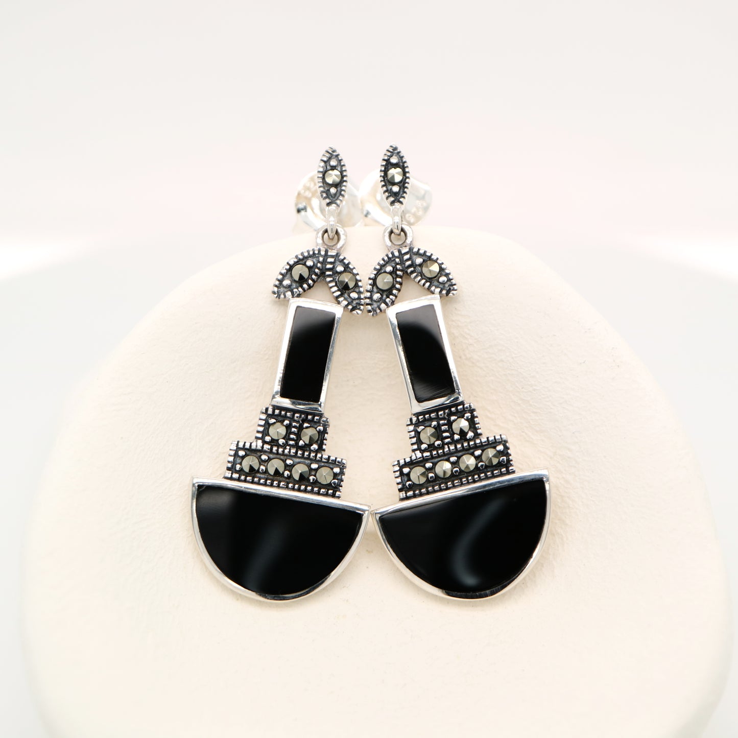 Art deco drop earrings with black onyx and marcasite in sterling silver