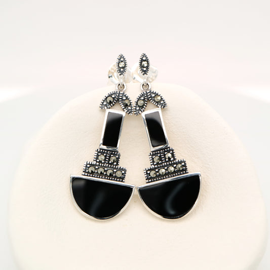 Art deco drop earrings with black onyx and marcasite in sterling silver
