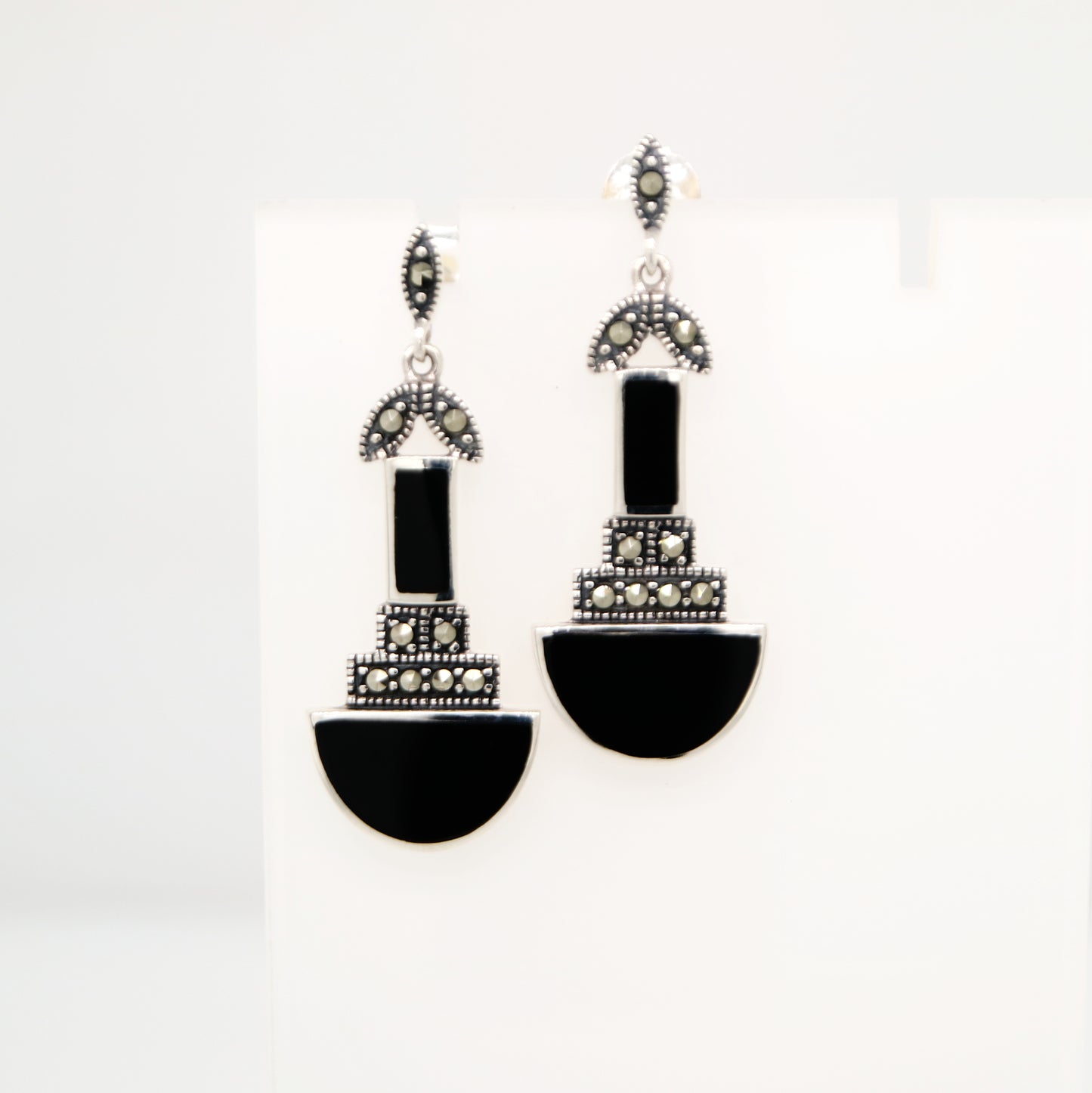 Art deco drop earrings with black onyx and marcasite in sterling silver