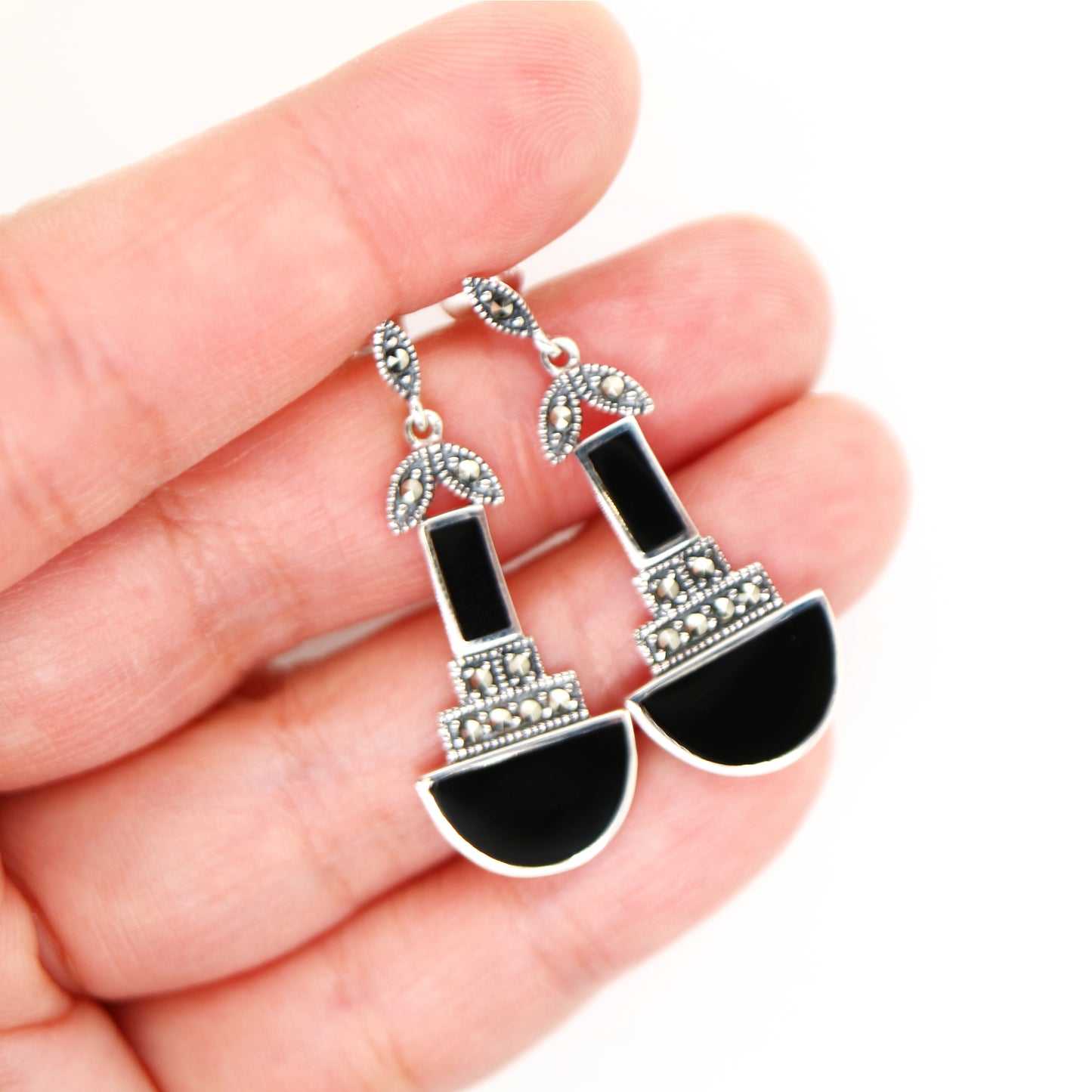 Art deco drop earrings with black onyx and marcasite in sterling silver