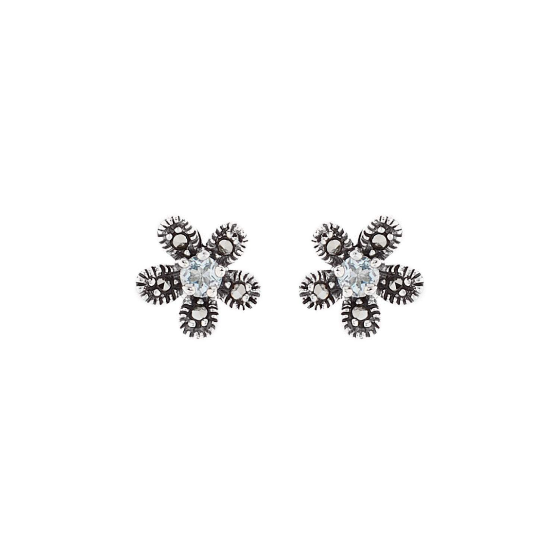 Flower stud earrings with blue topaz and marcasite in sterling silver