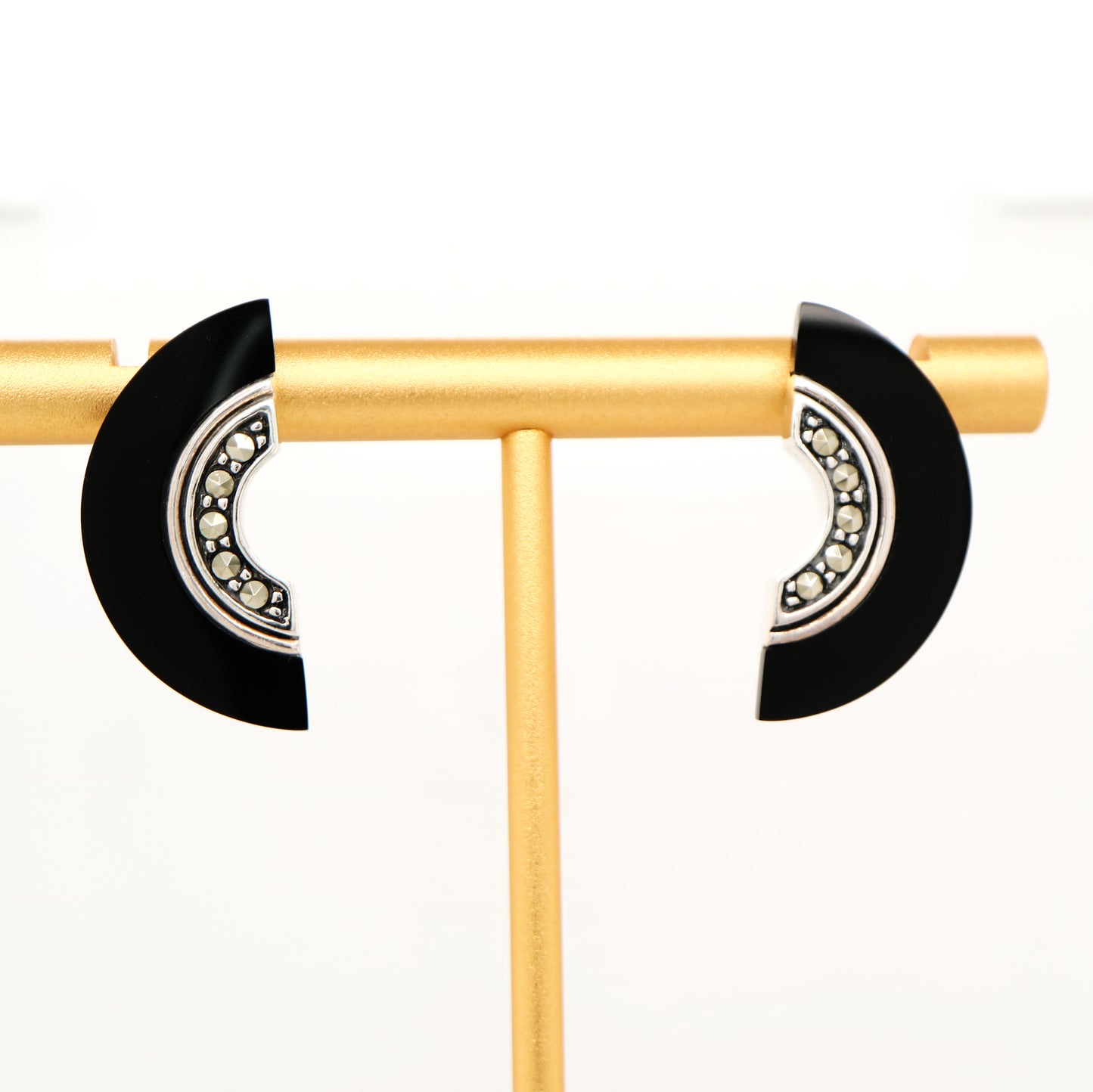 Art deco onyx fan earrings with marcasite in sterling silver