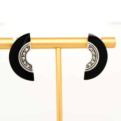 Art deco onyx fan earrings with marcasite in sterling silver