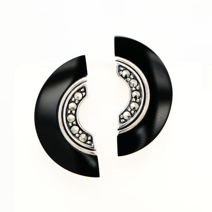 Art deco onyx fan earrings with marcasite in sterling silver