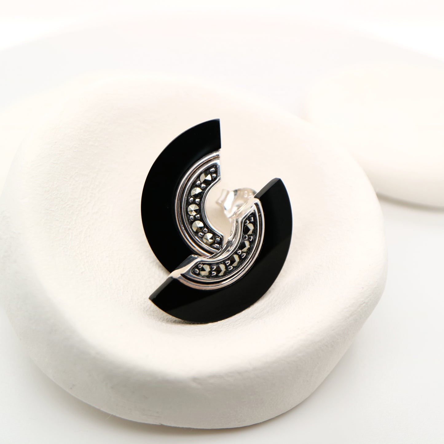 Art deco onyx fan earrings with marcasite in sterling silver