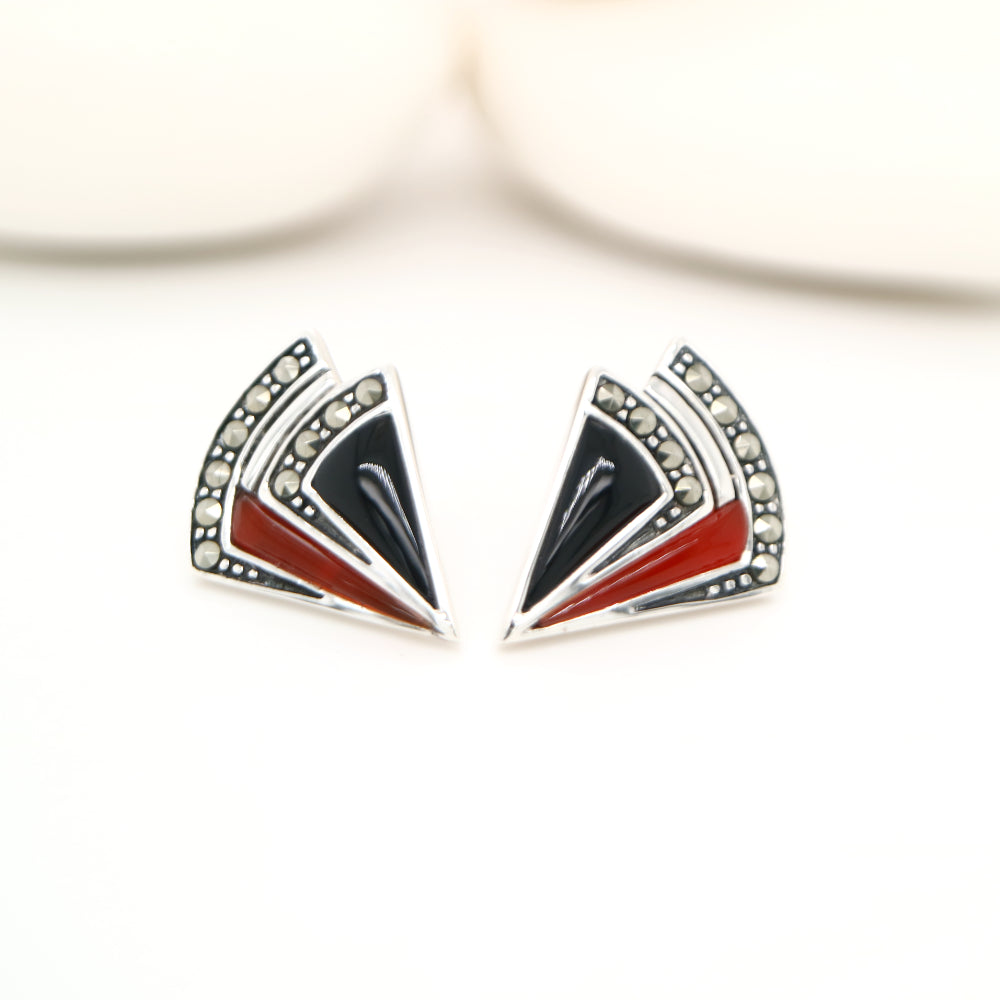 Art deco triangle stud earring with onyx and carnelian in sterling silver with marcasite