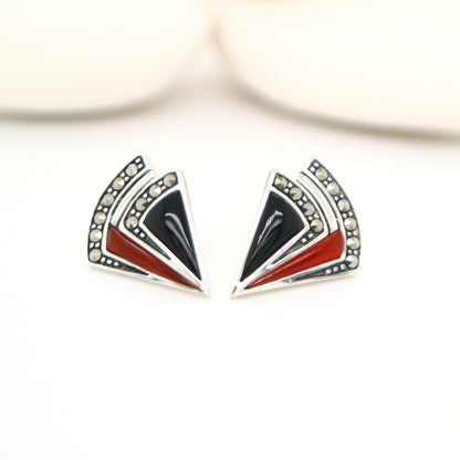 Art deco triangle stud earring with onyx and carnelian in sterling silver with marcasite