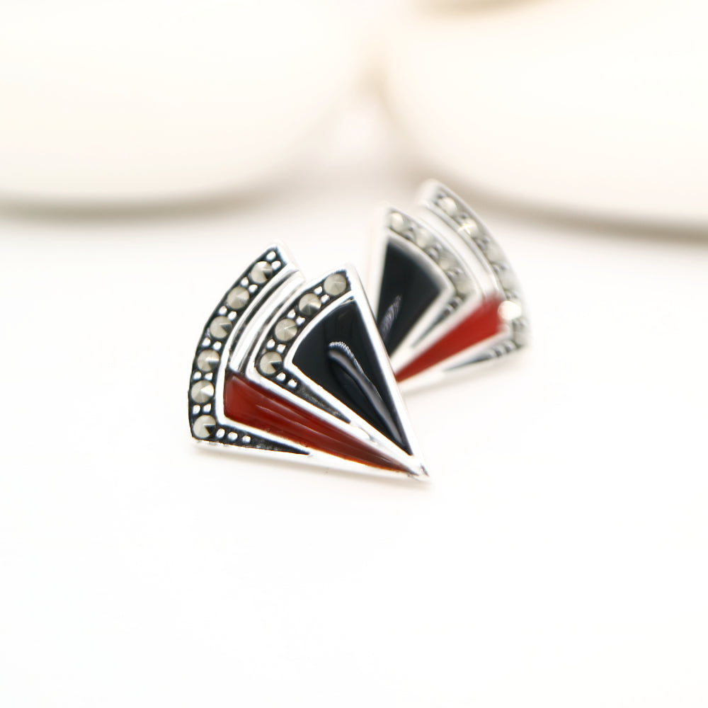 Art deco triangle stud earring with onyx and carnelian in sterling silver with marcasite