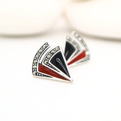 Art deco triangle stud earring with onyx and carnelian in sterling silver with marcasite