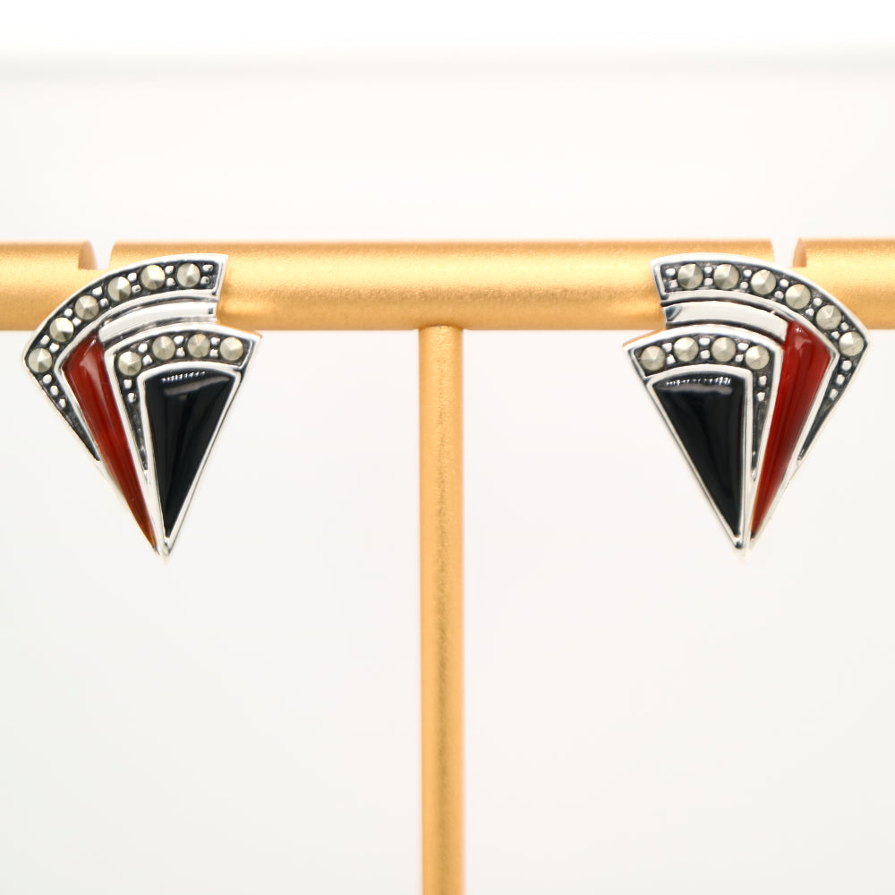Art deco triangle stud earring with onyx and carnelian in sterling silver with marcasite