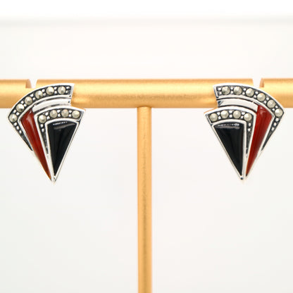Art deco triangle stud earring with onyx and carnelian in sterling silver with marcasite