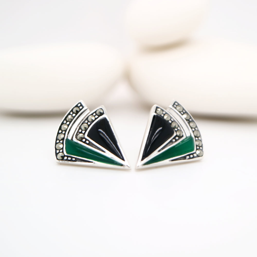 Art deco triangle stud earring with onyx and green agate in sterling silver with marcasite