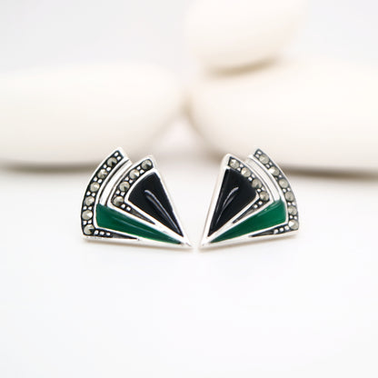 Art deco triangle stud earring with onyx and green agate in sterling silver with marcasite
