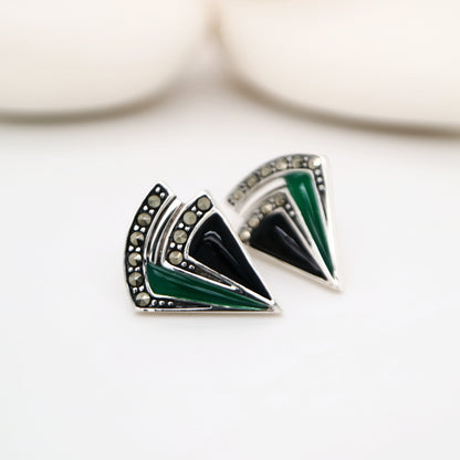 Art deco triangle stud earring with onyx and green agate in sterling silver with marcasite