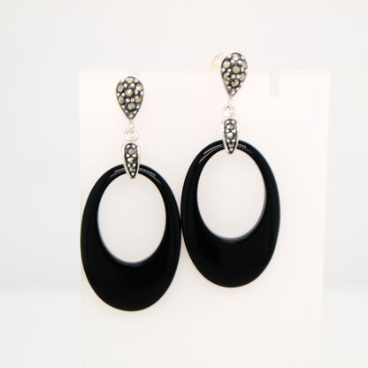 Art deco drop earrings in black onyx, marcasite and sterling silver
