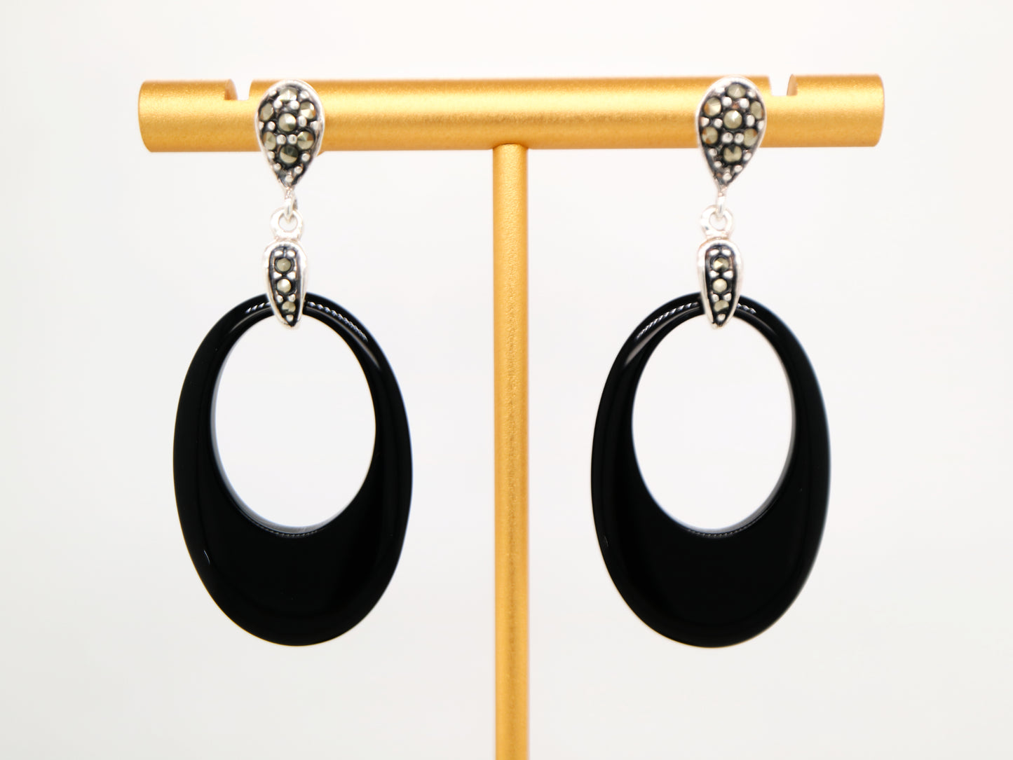 Art deco drop earrings in black onyx, marcasite and sterling silver