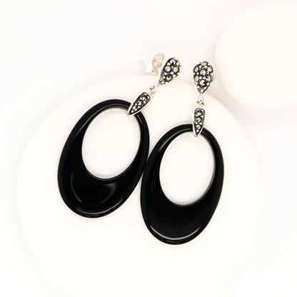 Art deco drop earrings in black onyx, marcasite and sterling silver