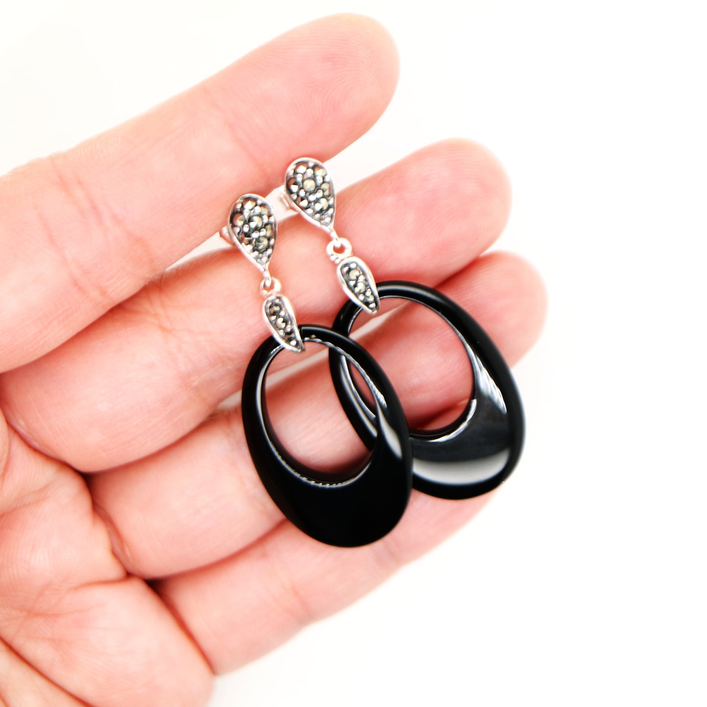 Art deco drop earrings in black onyx, marcasite and sterling silver