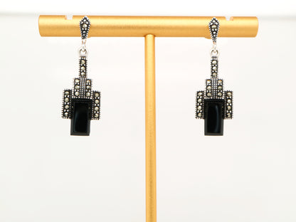 Art deco style drop earrings in black onyx, marcasite and sterling silver