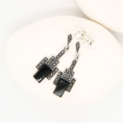 Art deco style drop earrings in black onyx, marcasite and sterling silver