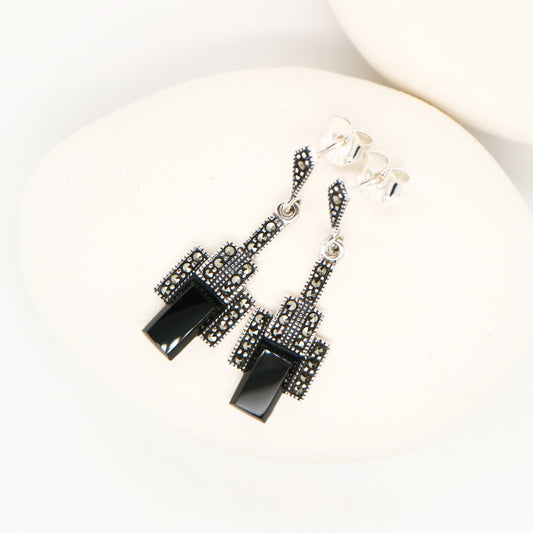 Art deco style drop earrings in black onyx, marcasite and sterling silver