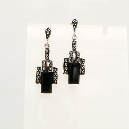 Art deco style drop earrings in black onyx, marcasite and sterling silver